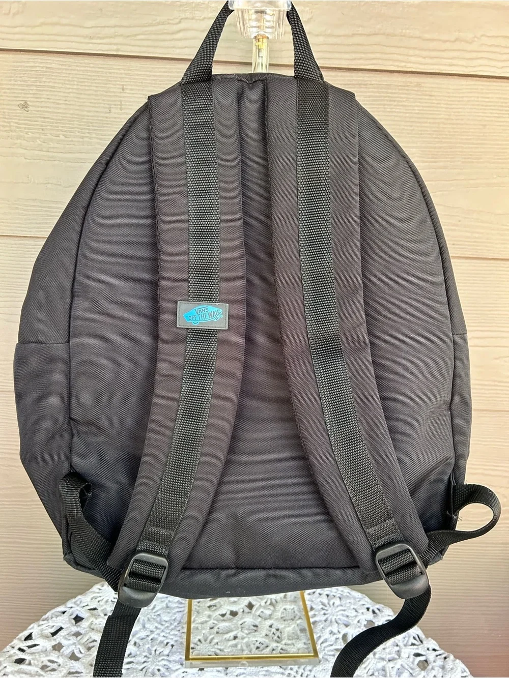 Vans Black Backpack with Grey Logo and Blue Accents